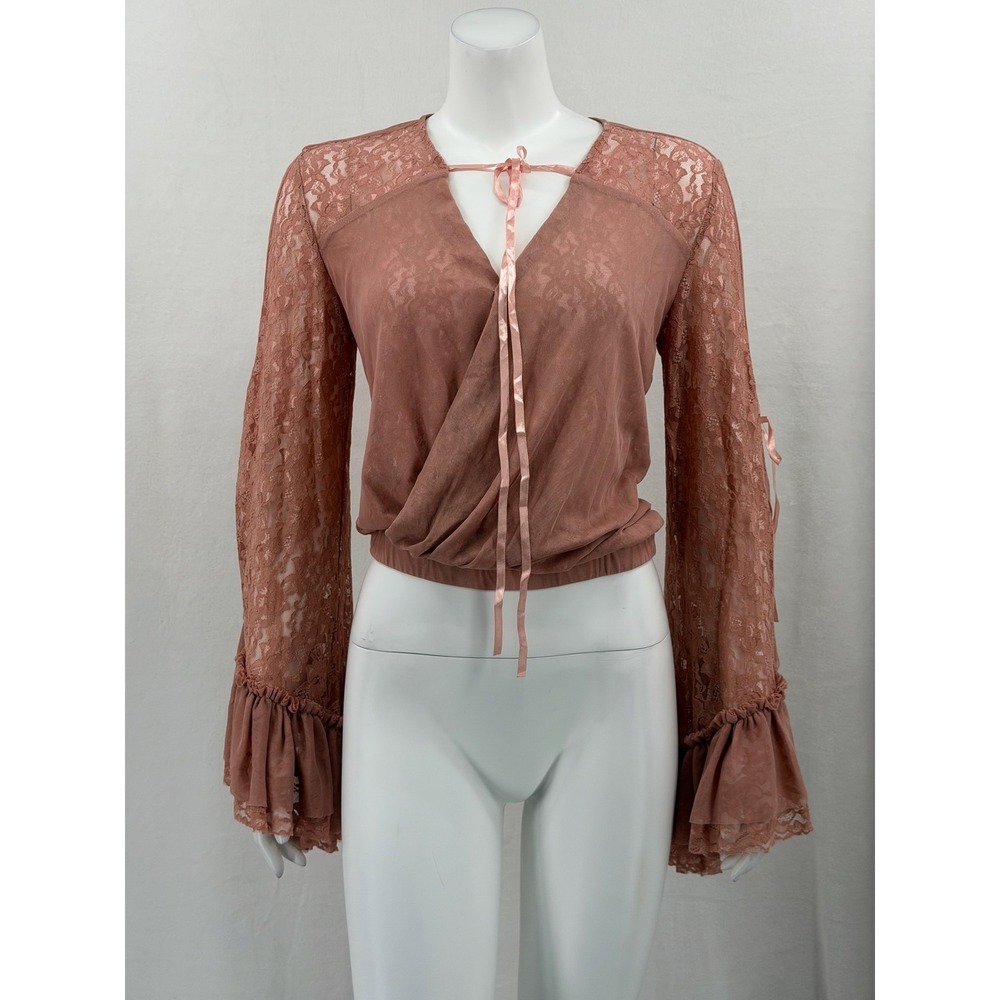 Venus Top Women Small Dusty Rose Lace Bell Sleeve Cropped Romantic Coquette Boho